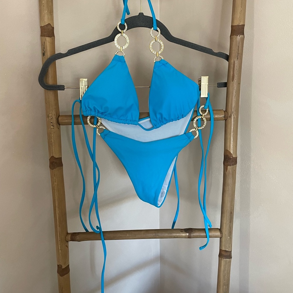 Vibrant Blue Bikini with Gold Accents
